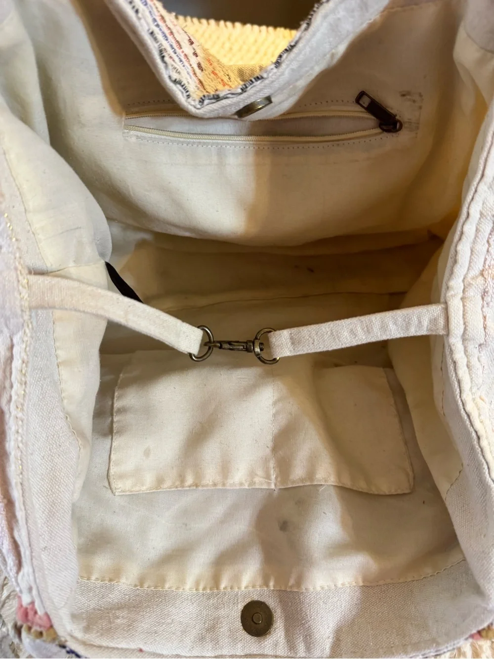 Boho White Tote with Pink, Gold and Brown Accents preloved can be cleaned